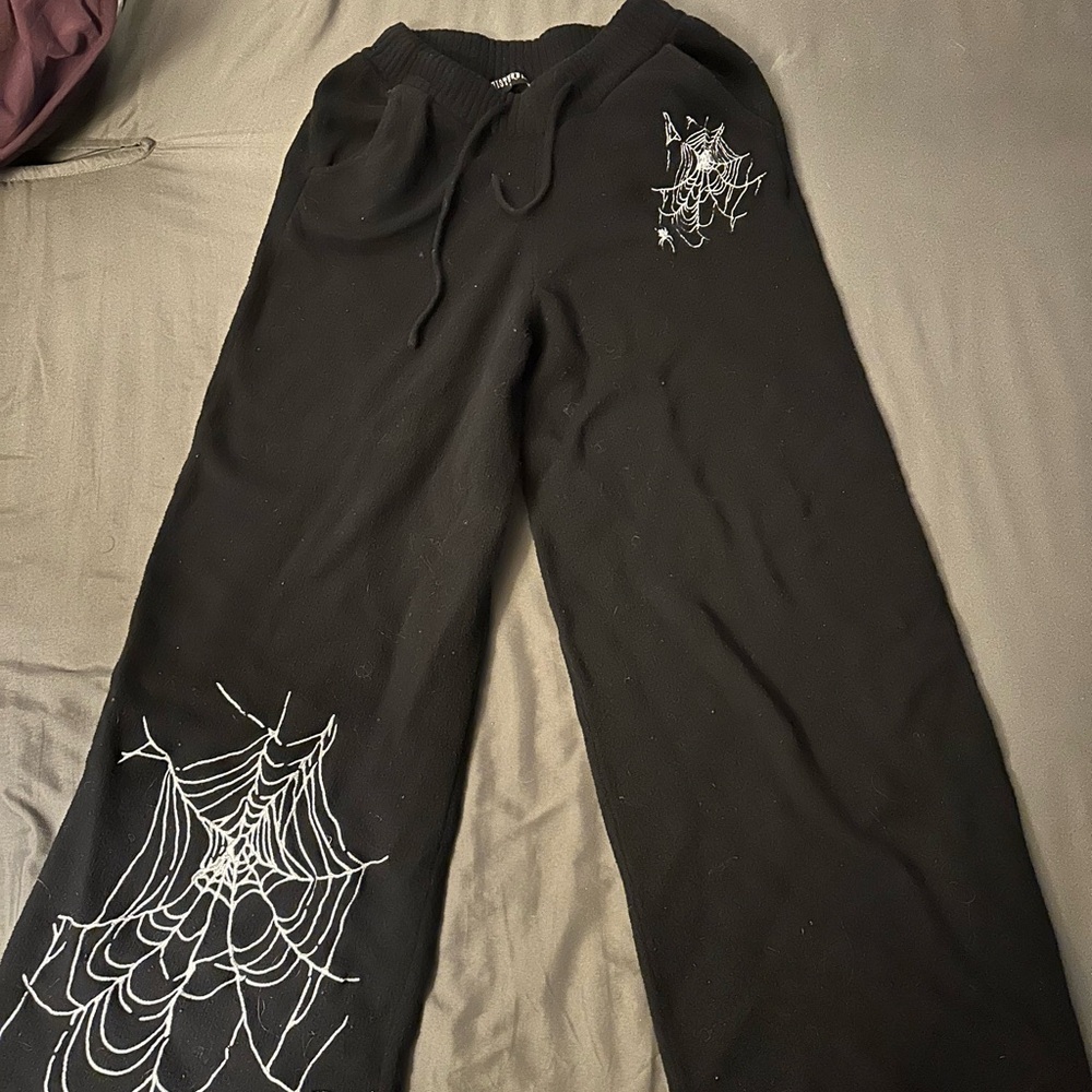 Disturbia Black Pants with White Spider Web Design
